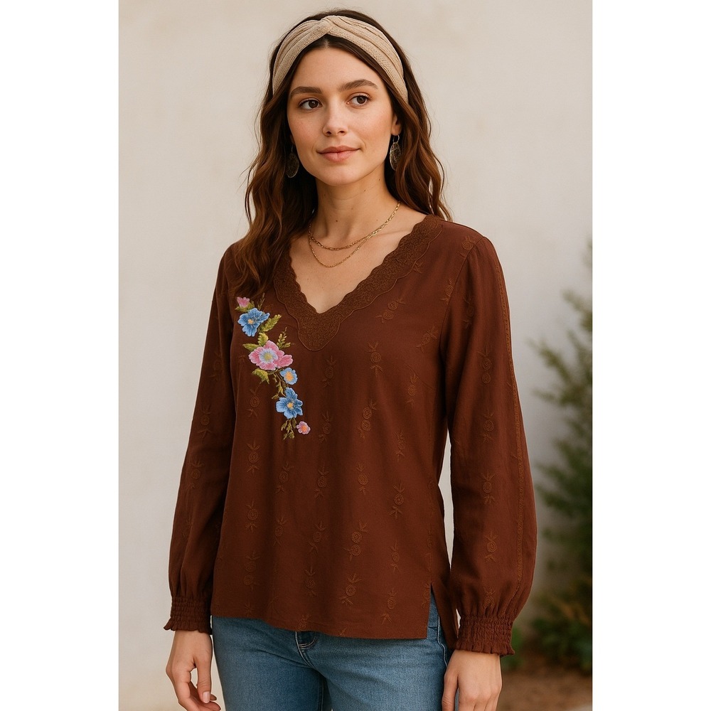 Paparazzi Brown Embroidered Floral Balooon Sleeve V Neck Blouse Top Size L Boho